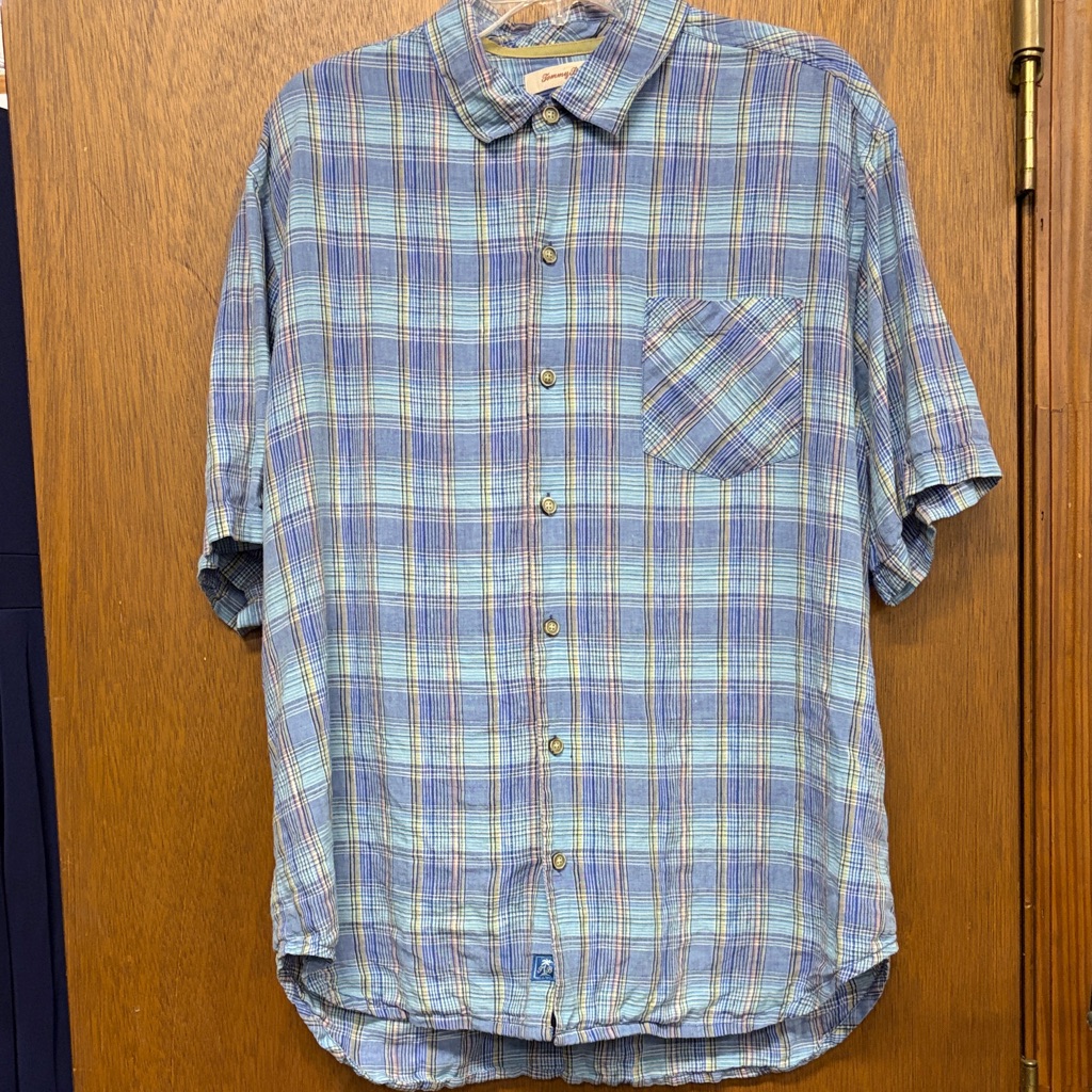 Tommy Bahama Button Down 100% Linen Short Sleeve Blue Plaid Men's Large Shirt